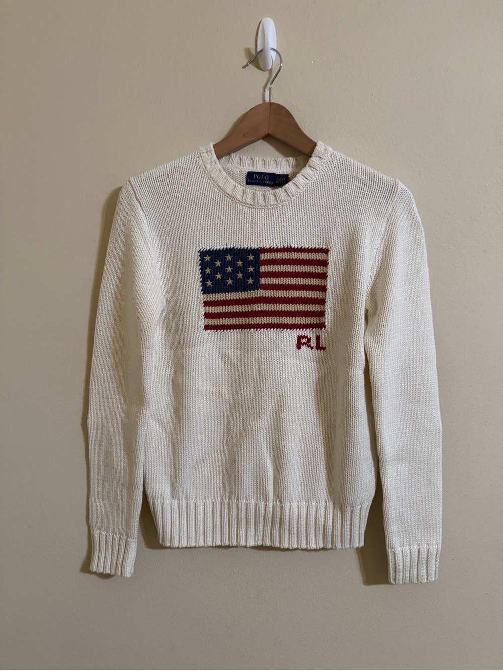 Polo Ralph Lauren New American Flag Sweater USA Knit Crewneck Cream Small
